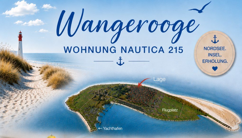 Wangerooge – Wohnung Nautica 215, Strand und Lage der Ferienwohnung auf der Insel Wangerooge