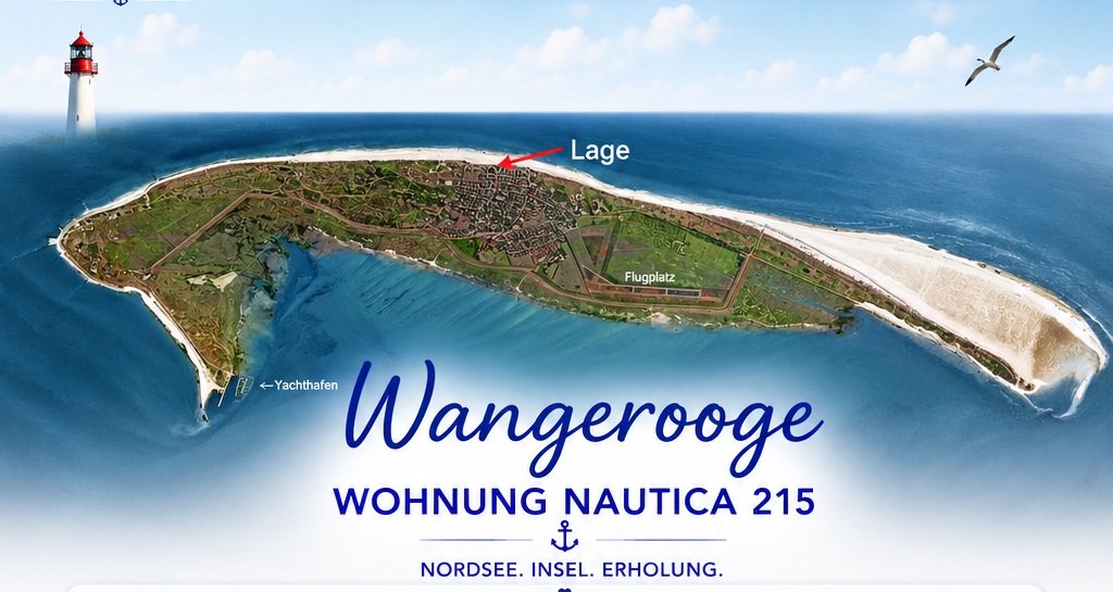 Wangerooge – Wohnung Nautica 215, Strand und Lage der Ferienwohnung auf der Insel Wangerooge